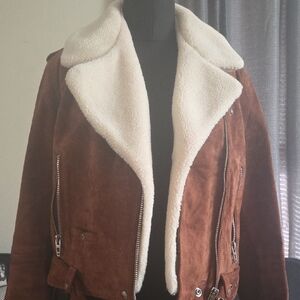 Free People X Blank NYC Brown Suede Jacket with Cream Sherpa Collar